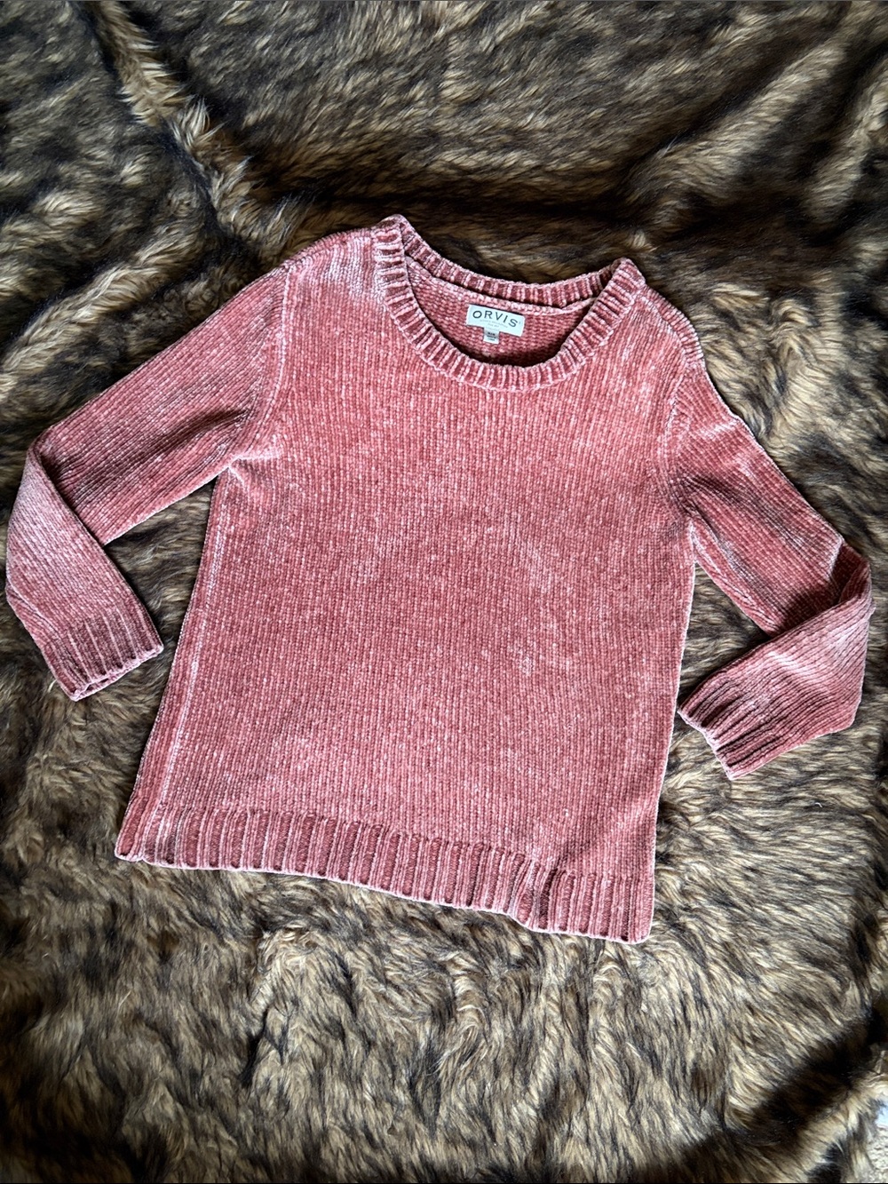 Orvis Classic Collection Womens Dusty Rose Chenille Ribbed Crew Neck Sweater M